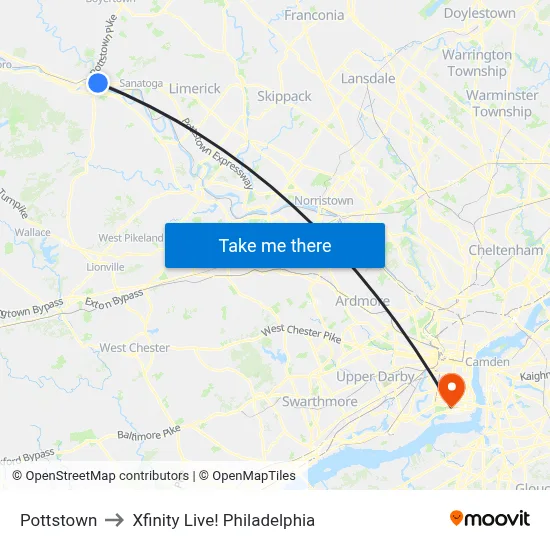 Pottstown to Xfinity Live! Philadelphia map