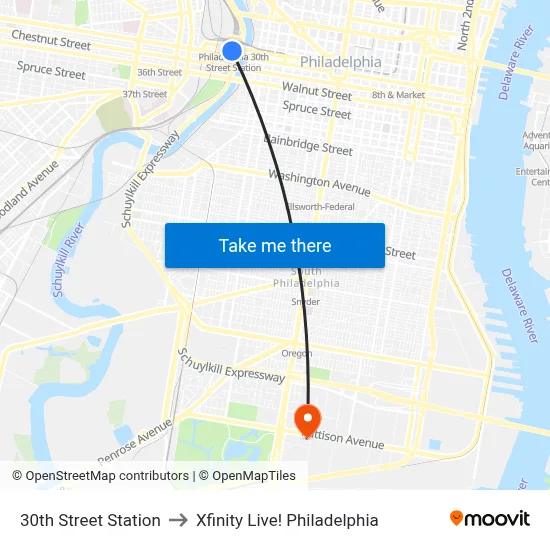 30th Street Station to Xfinity Live! Philadelphia map