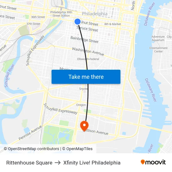 Rittenhouse Square to Xfinity Live! Philadelphia map