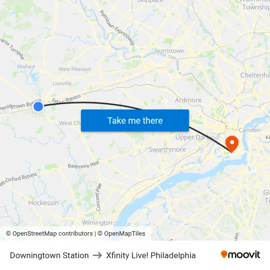 Downingtown Station to Xfinity Live! Philadelphia map