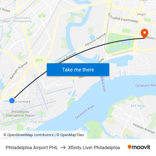 Philadelphia Airport PHL to Xfinity Live! Philadelphia map