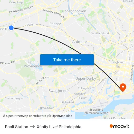 Paoli Station to Xfinity Live! Philadelphia map