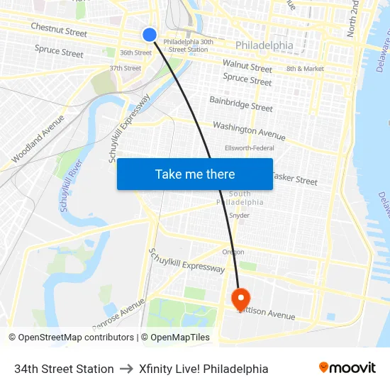 34th Street Station to Xfinity Live! Philadelphia map