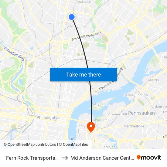 Fern Rock Transportation Center to Md Anderson Cancer Center at Cooper map