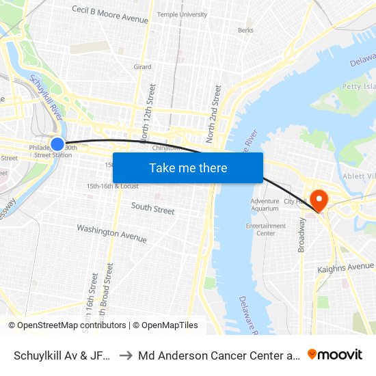 Schuylkill Av & JFK Blvd to Md Anderson Cancer Center at Cooper map