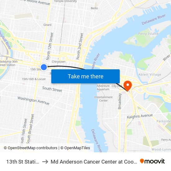 13th St Station to Md Anderson Cancer Center at Cooper map