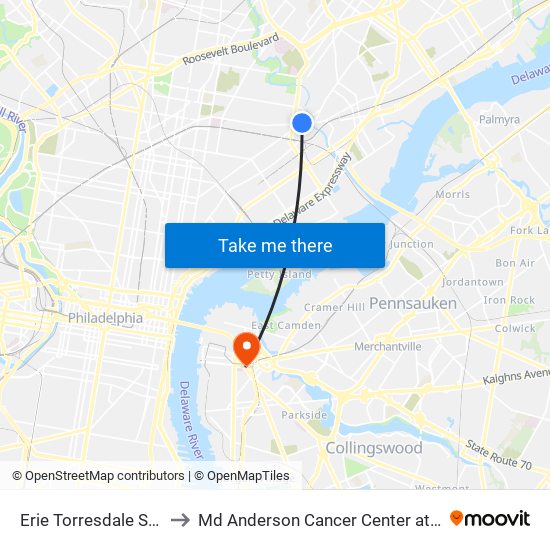 Erie Torresdale Station to Md Anderson Cancer Center at Cooper map