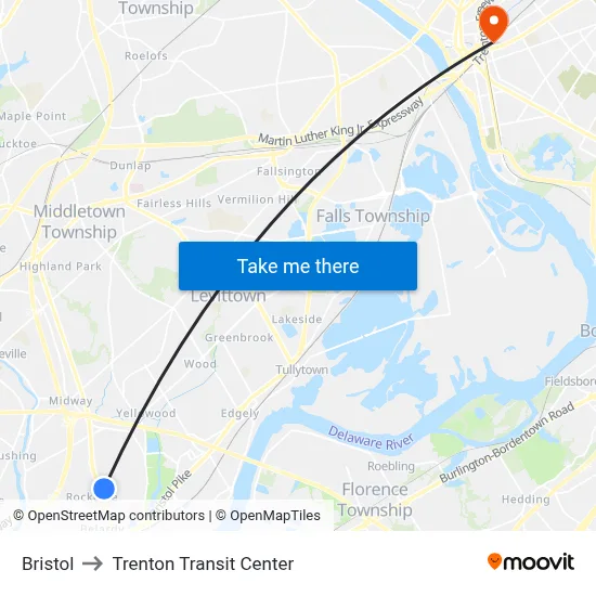 Bristol to Trenton Transit Center map