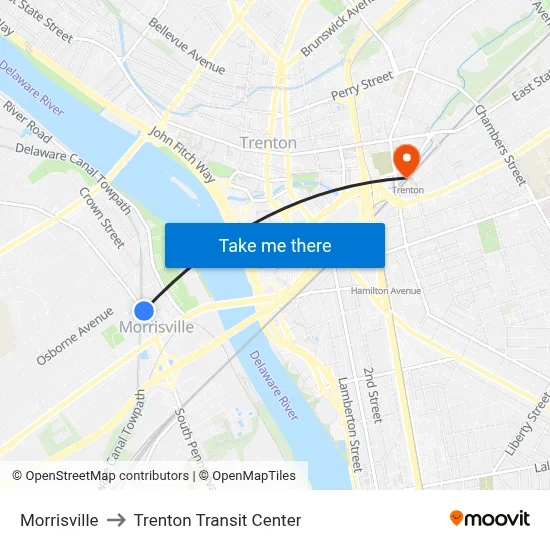 Morrisville to Trenton Transit Center map