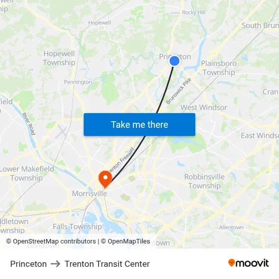 Princeton to Trenton Transit Center map