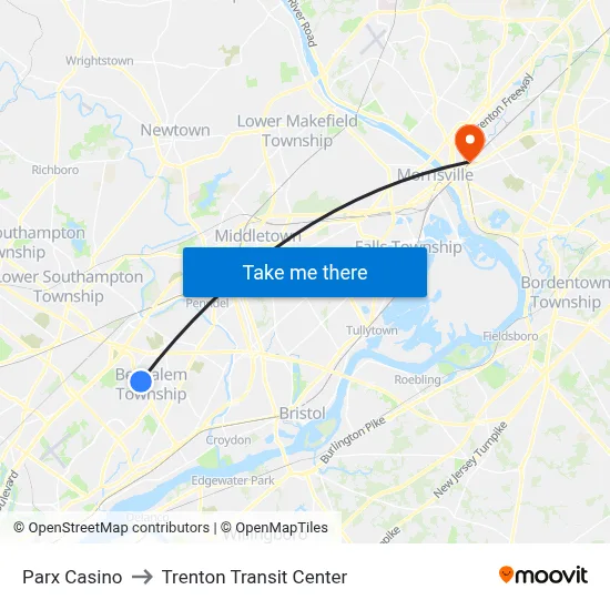 Parx Casino to Trenton Transit Center map
