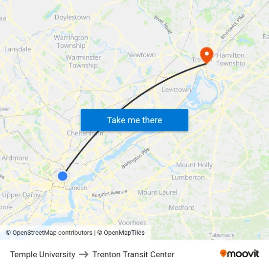 Temple University to Trenton Transit Center map