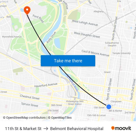 11th St & Market St to Belmont Behavioral Hospital map