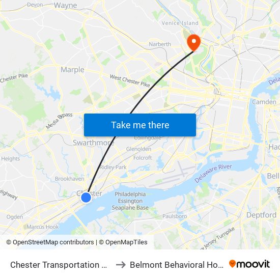 Chester Transportation Center to Belmont Behavioral Hospital map