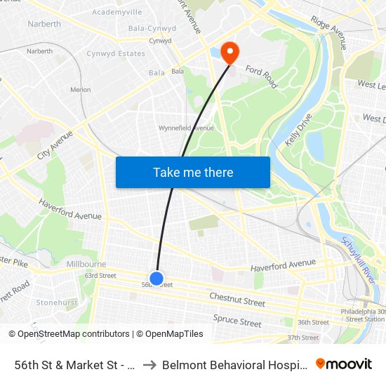 56th St & Market St - Fs to Belmont Behavioral Hospital map