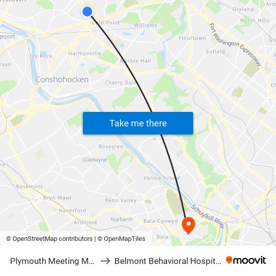 Plymouth Meeting Mall to Belmont Behavioral Hospital map