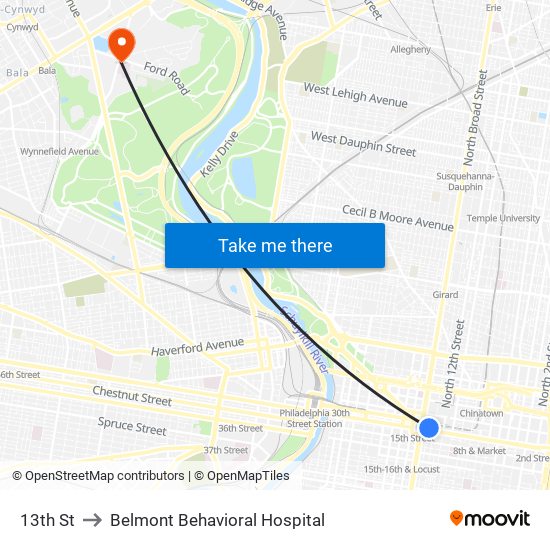 13th St to Belmont Behavioral Hospital map