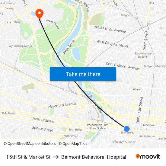 15th St & Market St to Belmont Behavioral Hospital map