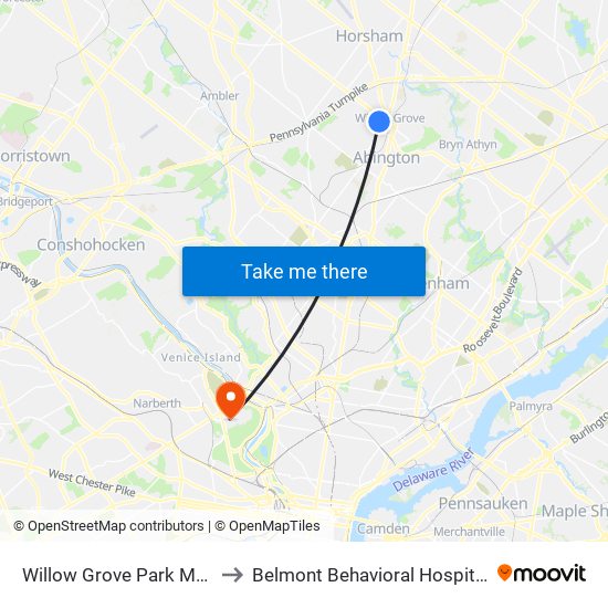 Willow Grove Park Mall to Belmont Behavioral Hospital map