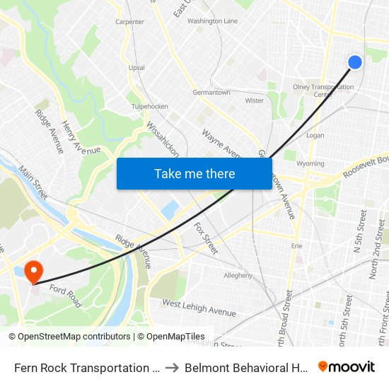 Fern Rock Transportation Center to Belmont Behavioral Hospital map