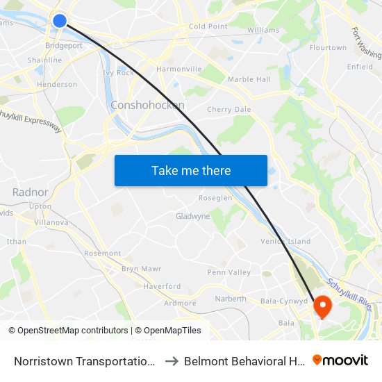 Norristown Transit Center to Belmont Behavioral Hospital map