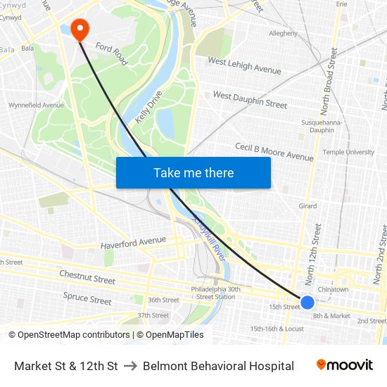 Market St & 12th St to Belmont Behavioral Hospital map