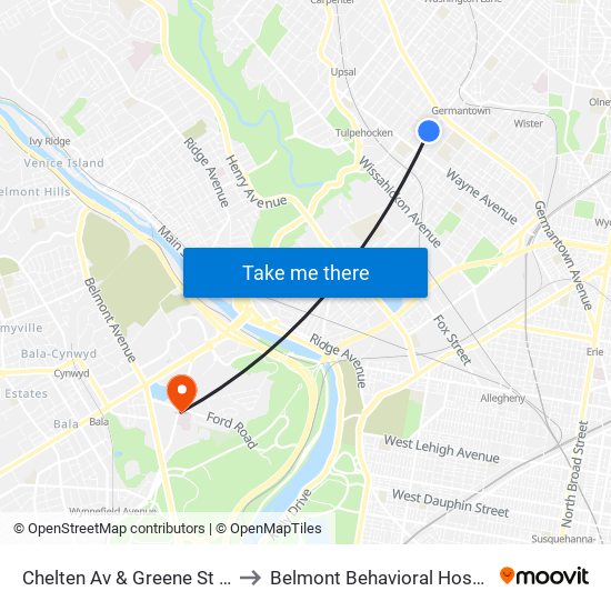Chelten Av & Greene St - Fs to Belmont Behavioral Hospital map