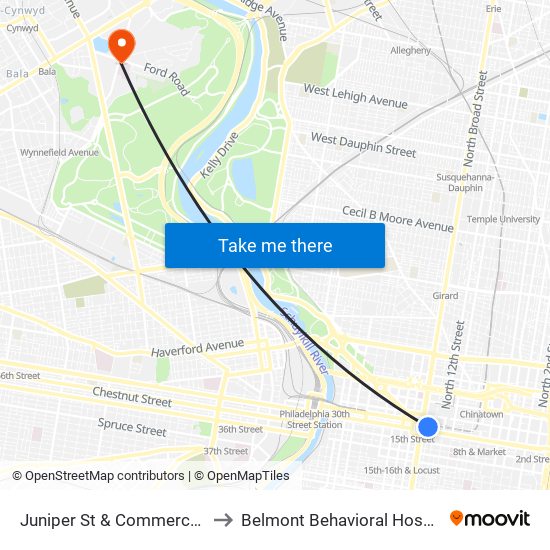 Juniper St & Commerce St to Belmont Behavioral Hospital map