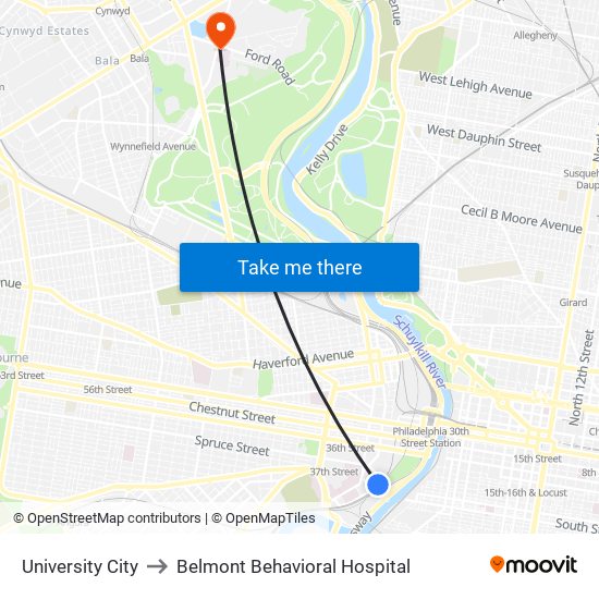 University City to Belmont Behavioral Hospital map