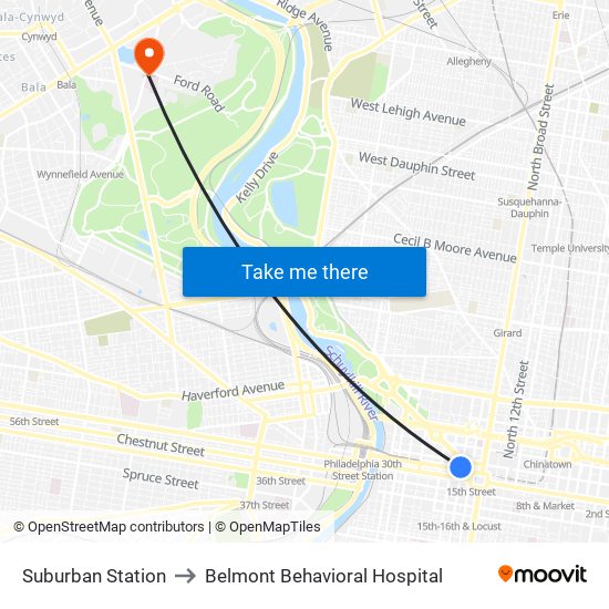 Suburban Station to Belmont Behavioral Hospital map