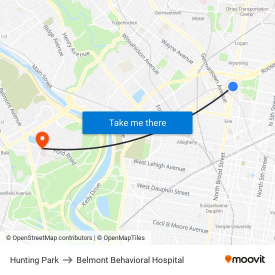 Hunting Park to Belmont Behavioral Hospital map