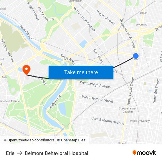Erie to Belmont Behavioral Hospital map