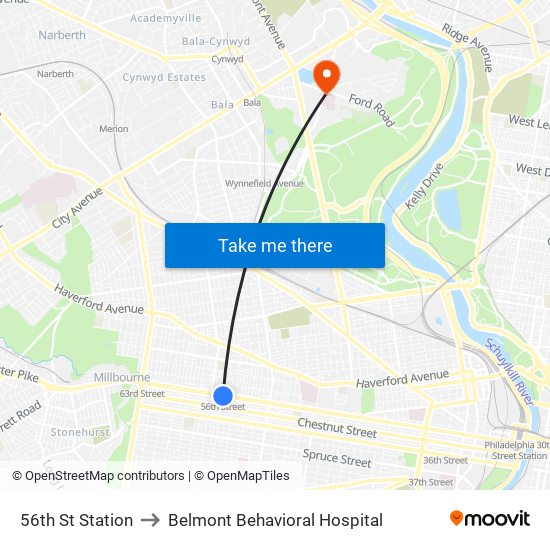 56th St Station to Belmont Behavioral Hospital map