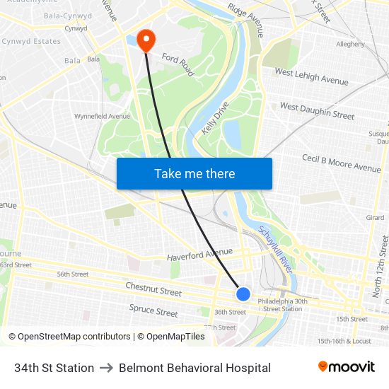 34th St Station to Belmont Behavioral Hospital map