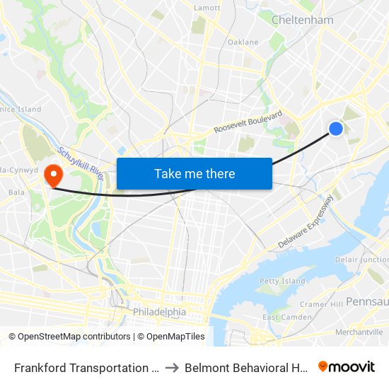 Frankford Transportation Center to Belmont Behavioral Hospital map