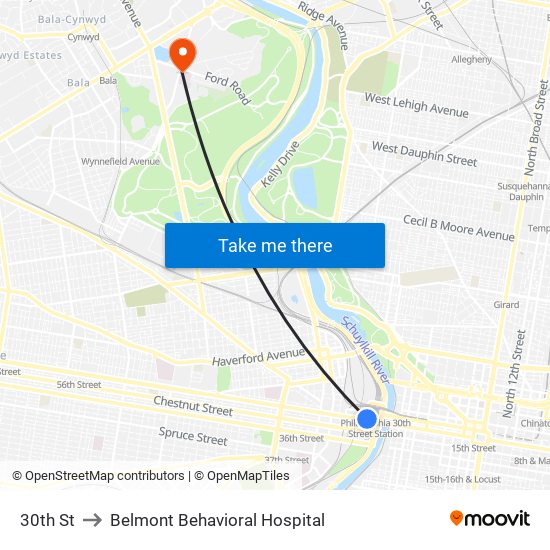 30th St to Belmont Behavioral Hospital map