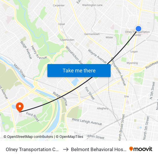 Olney Transportation Center to Belmont Behavioral Hospital map