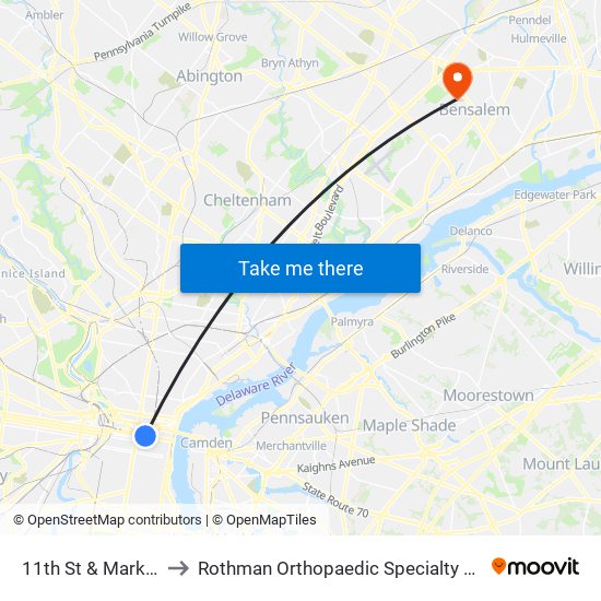 11th St & Market St to Rothman Orthopaedic Specialty Hospital map