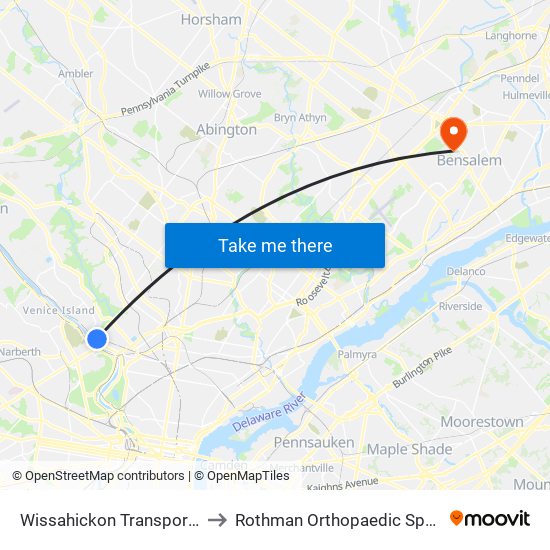 Wissahickon Transit Center to Rothman Orthopaedic Specialty Hospital map