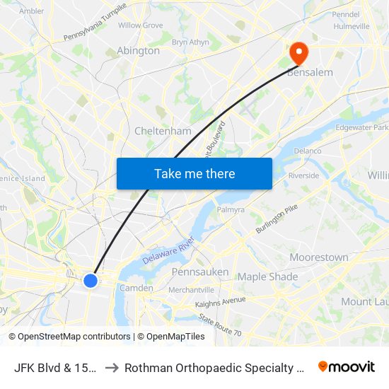JFK Blvd & 15th St to Rothman Orthopaedic Specialty Hospital map