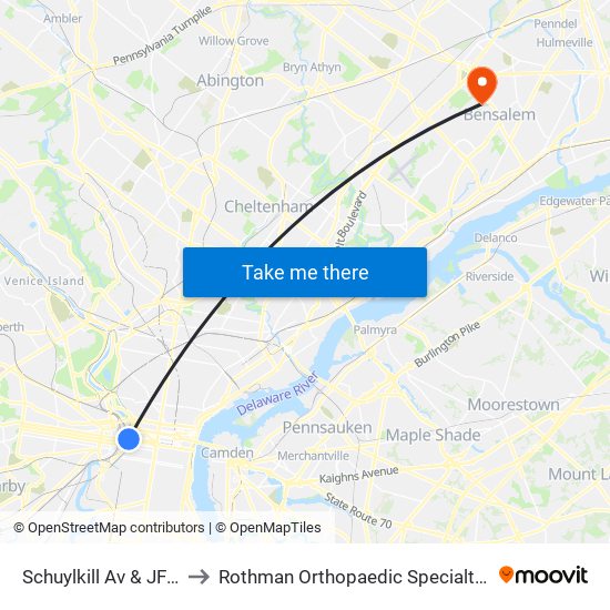 Schuylkill Av & JFK Blvd to Rothman Orthopaedic Specialty Hospital map
