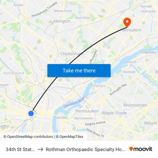 34th St Station to Rothman Orthopaedic Specialty Hospital map