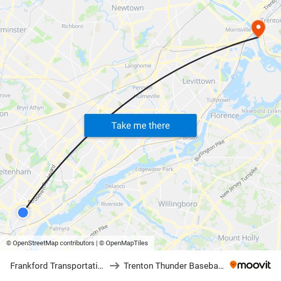 Frankford Transportation Center to Trenton Thunder Baseball Stadium map