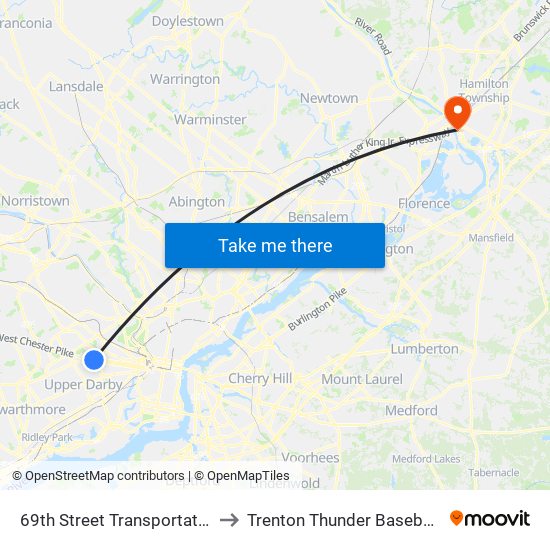 69th Street Transportation Center to Trenton Thunder Baseball Stadium map