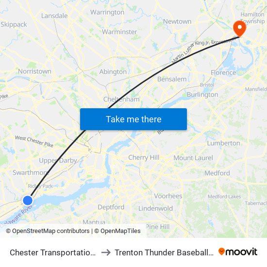 Chester Transportation Center to Trenton Thunder Baseball Stadium map