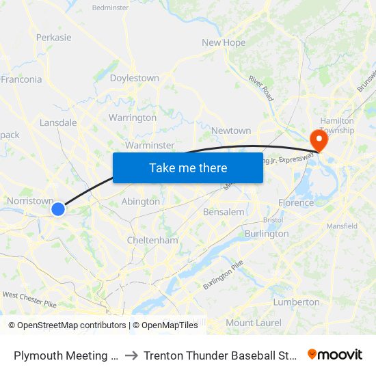 Plymouth Meeting Mall to Trenton Thunder Baseball Stadium map