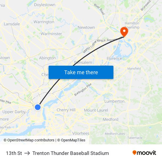 13th St to Trenton Thunder Baseball Stadium map