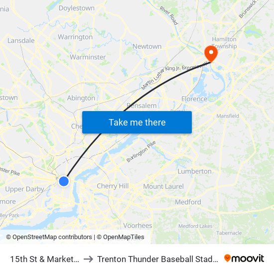 15th St & Market St to Trenton Thunder Baseball Stadium map