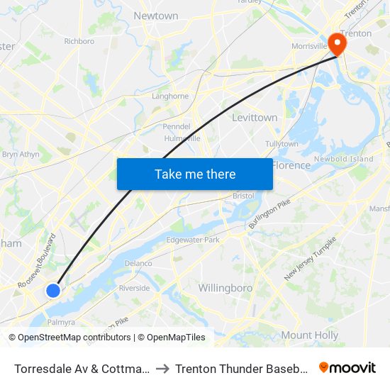 Torresdale Av & Cottman Av Loop to Trenton Thunder Baseball Stadium map