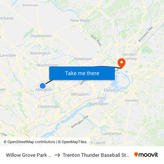 Willow Grove Park Mall to Trenton Thunder Baseball Stadium map